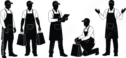 retail worker silhouette set, store employee carrying shopping bags, cashier checklist, supermarket staff poses, customer service concept vector