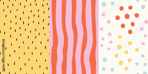 Modern irregular seamless patterns set, colorful hand-drawn textures with striped and polka dot prints. Red, yellow, blue, pink and white. Beautiful abstract print for textile, wrappimg paper.