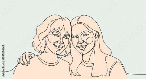 Two young women friends embracing in a simple line drawing style.