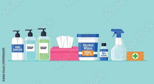 Hygiene And Disinfection Supplies Infographic With Soap Hand Sanitizer Alcohol Wipes Spray Bottle And Tissue Box Healthcare Cleaning Concept
