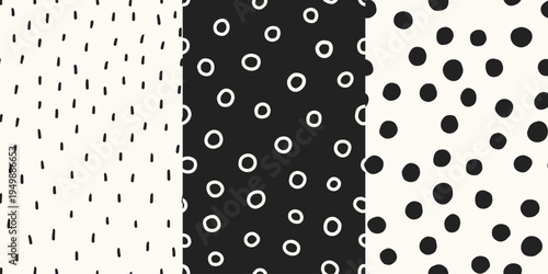 Modern irregular seamless patterns set, hand-drawn textures with polka dot prints. Monochrome. Beautiful abstract spring print for textile, wrappimg paper. Birthday card, scrapbook.