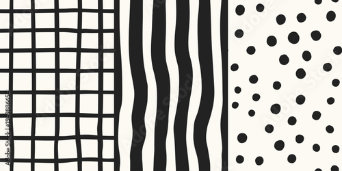 Modern irregular seamless patterns set, hand-drawn textures with wavy plaid check, stripes, polka dot prints. Monochrome. Beautiful abstract spring print for textile, wrappimg paper. Birthday card.