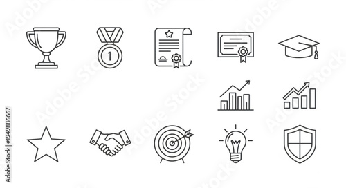 Collection of Business and Achievement Icons in Outline Style.