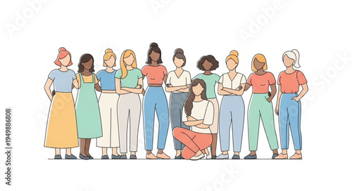 Diverse group of women standing together in a line.