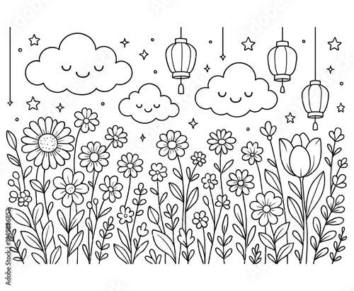 Sleeping cloud characters coloring page with hanging lanterns and stars over flower garden