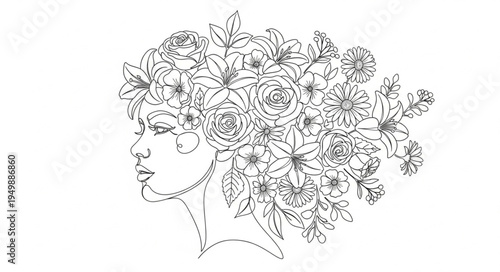 Womans Profile Silhouette Filled With Floral Elements And Leaves.