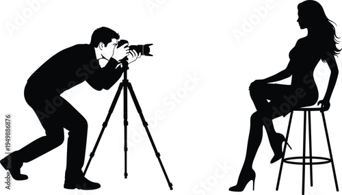 Photographer taking photo of female model in studio, professional photoshoot concept with camera tripod, fashion photography silhouette illustration