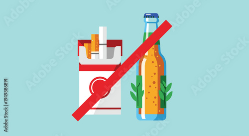 No smoking and no alcohol sign, healthy lifestyle concept, stop cigarettes and beer addiction awareness illustration, vector icon prohibition campaign
