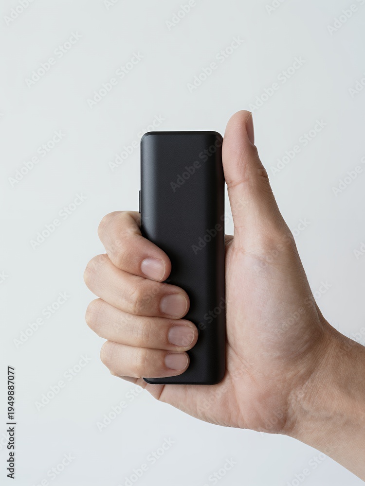 Fototapeta premium Hand Holding a Sleek Black Device Against a Clean White Background for Minimalist Presentation