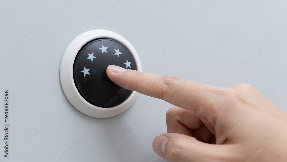 Fototapeta premium Hand Pressing a Circular Button with Star Icons on a Minimalist White Background, Close-up Finger Action