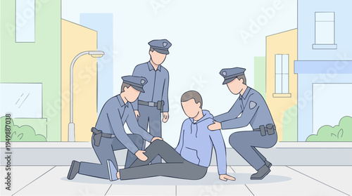 Police Officers Restraining a Man on the Street in an Illustration Depicting Law Enforcement