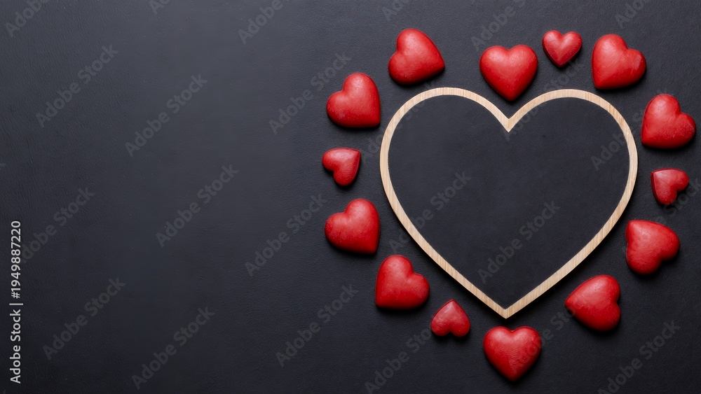 Fototapeta premium Heart Symbol in Outline Form Surrounded by Small Red Hearts on Dark Background, Love and Affection Concept