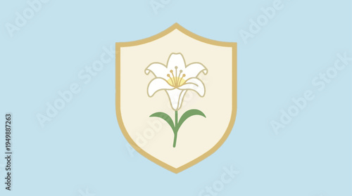 Elegant white lily flower with green stem and leaves inside a gold-bordered cream shield crest vector illustration on a light blue background, ideal for branding, emblems