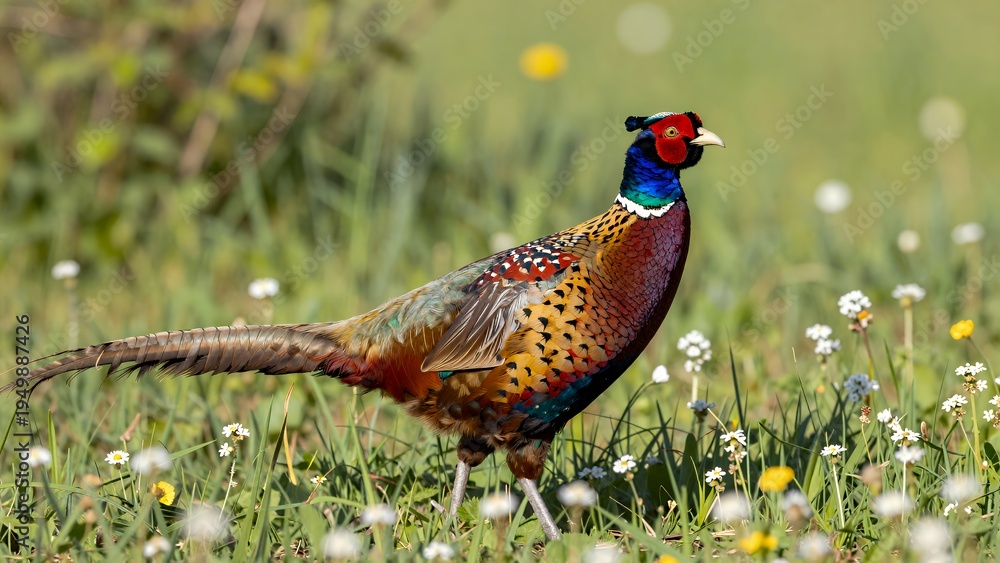 Fototapeta premium Male Pheasant Standing in a Grassy Field with Wildflowers and Natural Greenery