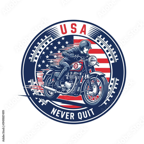 Biker riding motorcycle with usa flag badge never quit