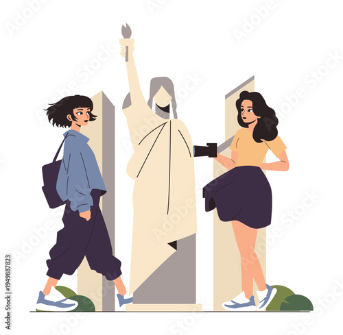 Two People Admiring Statue of Liberty Vector Illustration