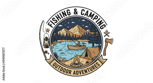 Outdoor Adventure Badge with Fishing, Camping and Mountain Scenery