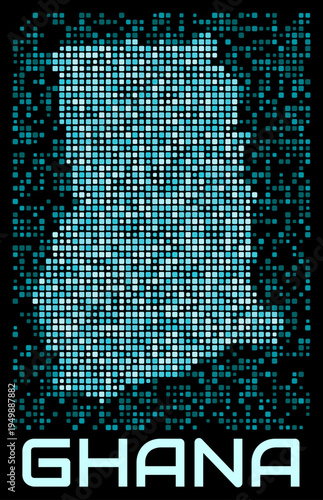 Ghana digital dotted map. Shape of the country in cyan color palette on dark background. Futuristic Ghana map design. Vector illustration.