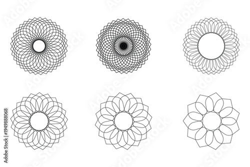 Set of Six Geometric Circular Floral Ornaments with Intricate Line Art Patterns