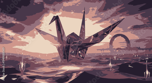 Origami Crane in Abstract Landscape with Circular Horizon