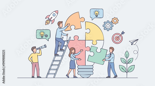 Team of professionals assembling colorful puzzle pieces to create a creative light bulb concept for innovation and teamwork in a modern office environment