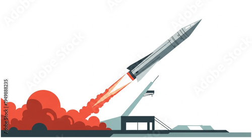 Rocket Launching into Space with Fiery Exhaust and Support Structure.