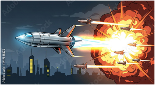 Rocket Escaping Explosion in Cityscape, Pursued by Missiles.