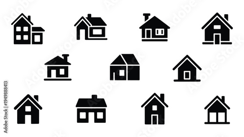 House vector icons set of black houses symbols, minimal flat and line style home icons for residential, urban planning, and construction projects