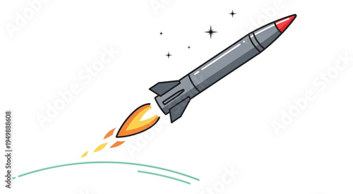 Cartoon Rocket Launching into Space with Flames and Sparkles.