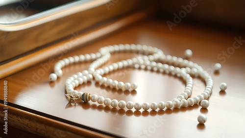 unanimity. Delicate pearl necklace with undone clasp on a polished wooden surface. lifestyle magazines, social media lookbooks, designed for lifestyle magazines and social media content.