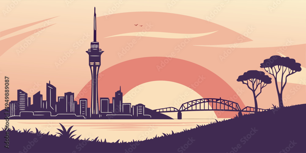 Obraz premium Auckland Sunset Skyline Illustration with Ocean Gradient Sky