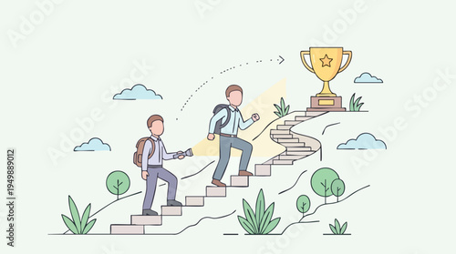 Two businesspeople climbing stairs towards a trophy symbolizing success and achievement in a professional journey or competition scene