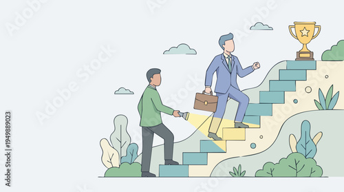 Two businesspeople ascending stairs towards a trophy symbolizing success and achievement in a professional setting