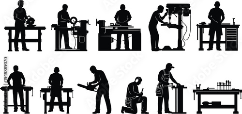 Carpenter, Woodworking, Silhouette, Workshop, Machinery, Industrial, Construction, Tools, Artisan, Tradesman, Craftsman, Manufacturing, Workbench, Labor, Vector