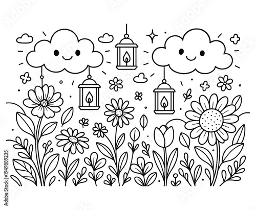 Cute cartoon clouds and flowers with lanterns, coloring page for children, black and white