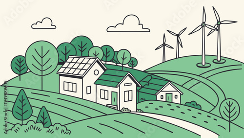 Green Eco Village with Solar Panels and Wind Turbines Vector