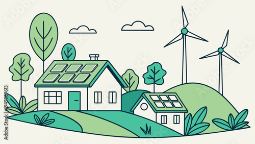 Green Eco Village with Solar Panels and Wind Turbines Vector