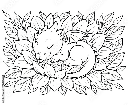 Cute sleeping dragon in a bed of flowers, coloring book page for children, outline art