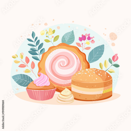 Charming illustration of delicious baked goods, a delightful pastel confectionery array with botanical accents