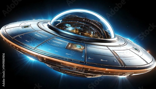 Sleek metallic UFO PNG isolated on transparent background, futuristic flying saucer