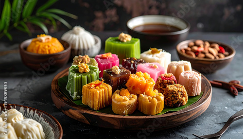 A delightful assortment of colorful, traditionally inspired sweets, artfully arranged and presented for a sophisticated palate