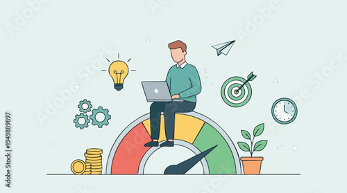 Young man working on laptop sitting on a gauge meter with business icons, representing productivity, goal achievement, and progress in a modern office environment