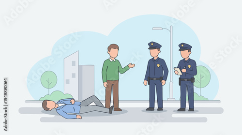 A man being attended by police officers after a roadside accident outdoors in an urban environment