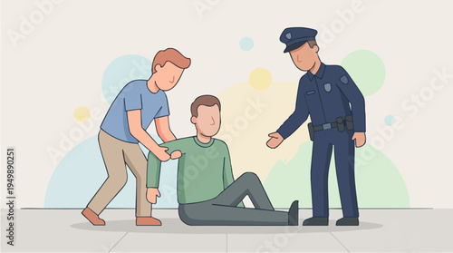 Assisting a Person with Injuries by a Police Officer in a Friendly Help Scene