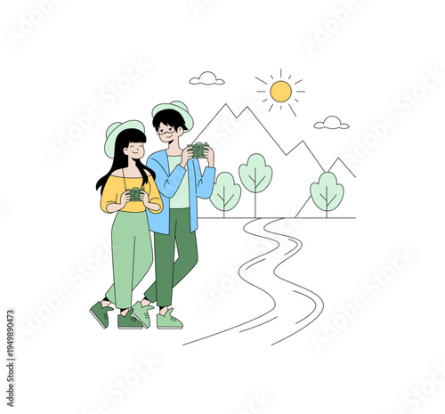 Couple Exploring Nature with Cameras Vector Illustration