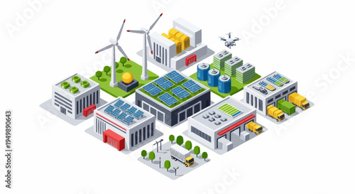 Eco friendly industrial complex with renewable energy sources and green spaces.