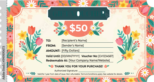 Vibrant $50 Spring Floral Gift Voucher Vector Template with Customizable Fields for Business Promotions, Special Offers, and Customer Appreciation