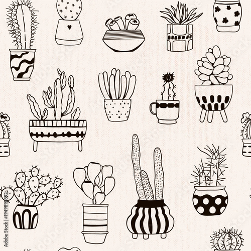 Hand drawn cactus seamless pattern in doodle sketch style on paper texture background. Minimal line art succulent in playful decorative pots. Modern repeating print for fabric, packaging, design