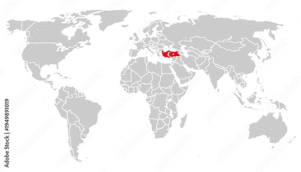 Obraz premium Outlines of Turkey in the colors of the national flag. Gray vector world map on white background.