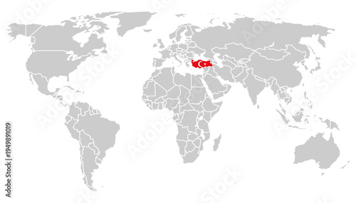 Outlines of Turkey in the colors of the national flag. Gray vector world map on white background.